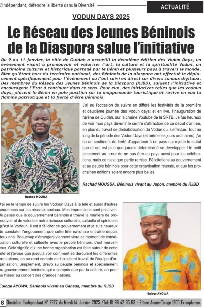 VODUN DAYS 2025 - Le Réseau des Jeunes Béninois de la Diaspora salue l'initiative